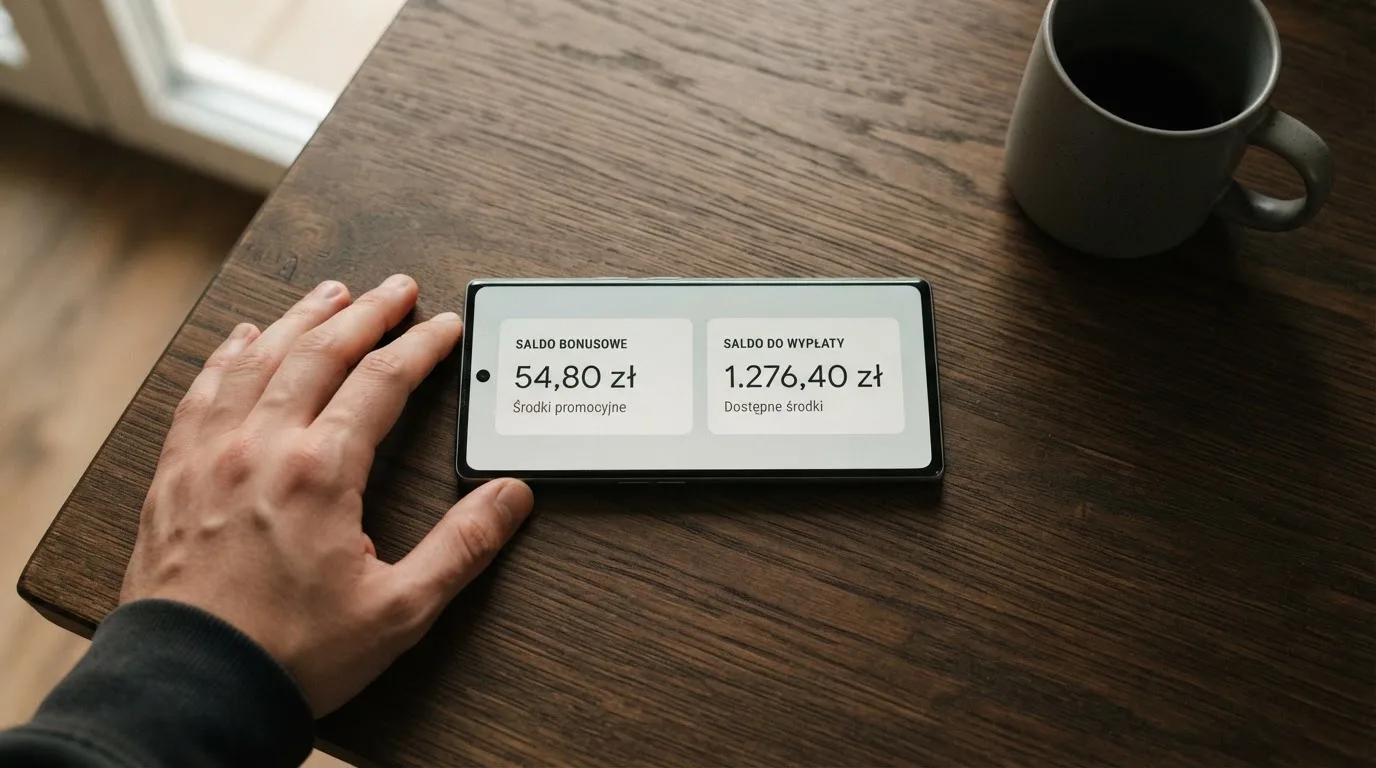 Smartfon w dłoni z widokiem konta gracza, na którym osobno widać saldo bonusowe i saldo środków do wypłaty